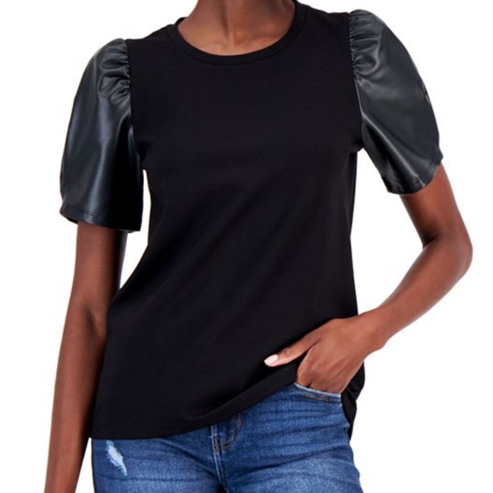 Nine West black faux leather puff sleeve top